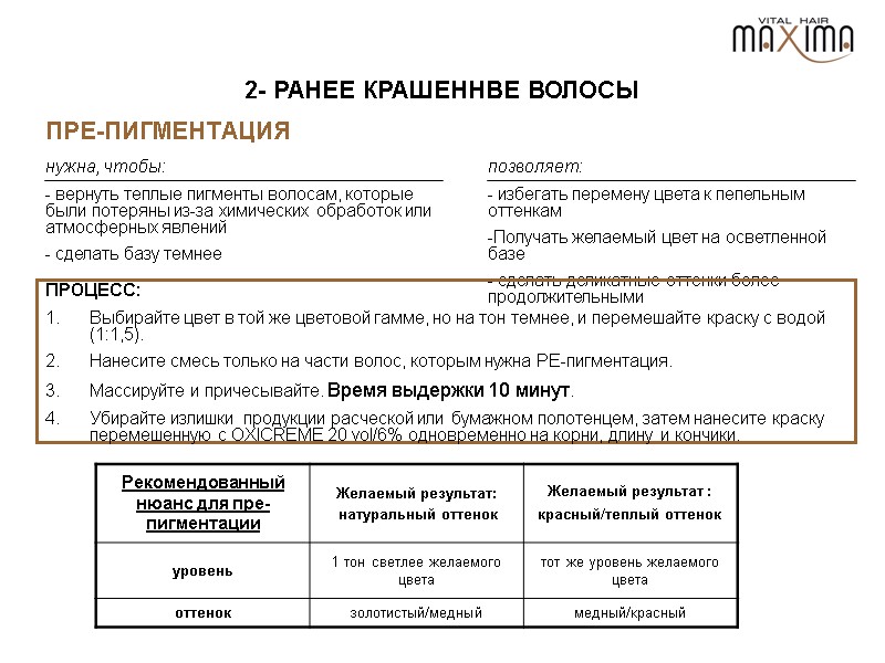 2- РАНЕЕ КРАШЕННВЕ ВОЛОСЫ ПРЕ-ПИГМЕНТАЦИЯ нужна, чтобы:  вернуть теплые пигменты волосам, которые были